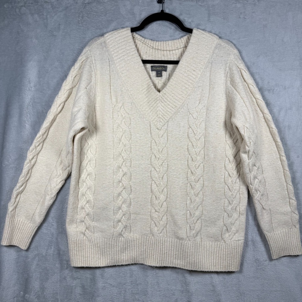 Style&Co Cable Knit Sweater Womens Medium Beige V-Neck Pullover Long Sleeve